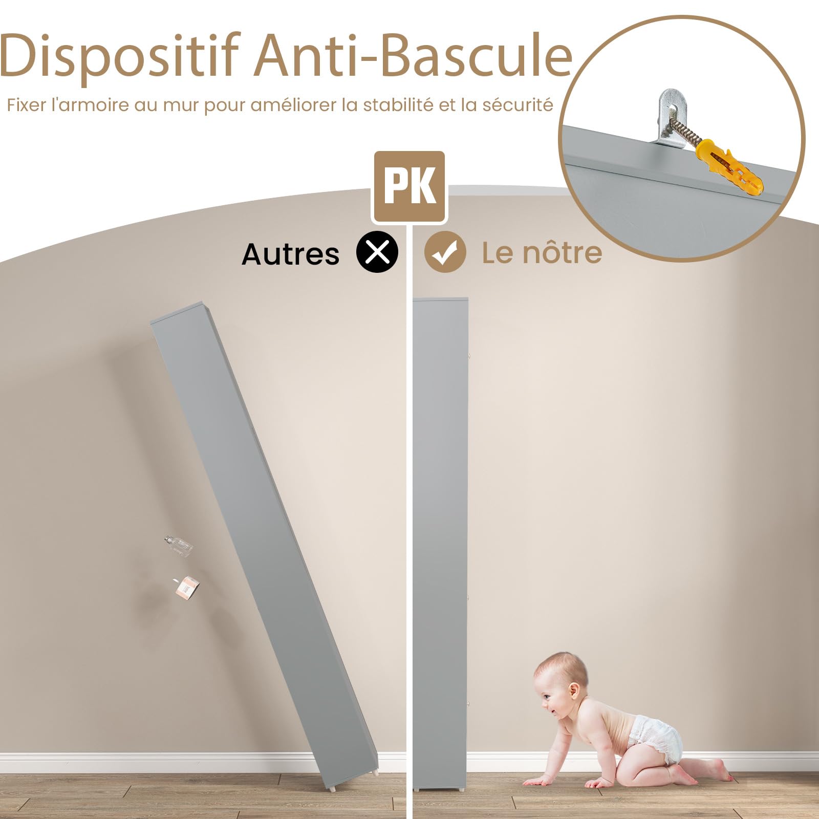 GIANTEX Colonne Salle de Bain Haute, Petit Meuble de Rangement Salle de Bain, 2 Portes, 1 Tiroir, Étagère Réglable, Meuble Rangement pour Toilette, Salon, Bureau, 20x20x180 cm(5Étagère,Gris)