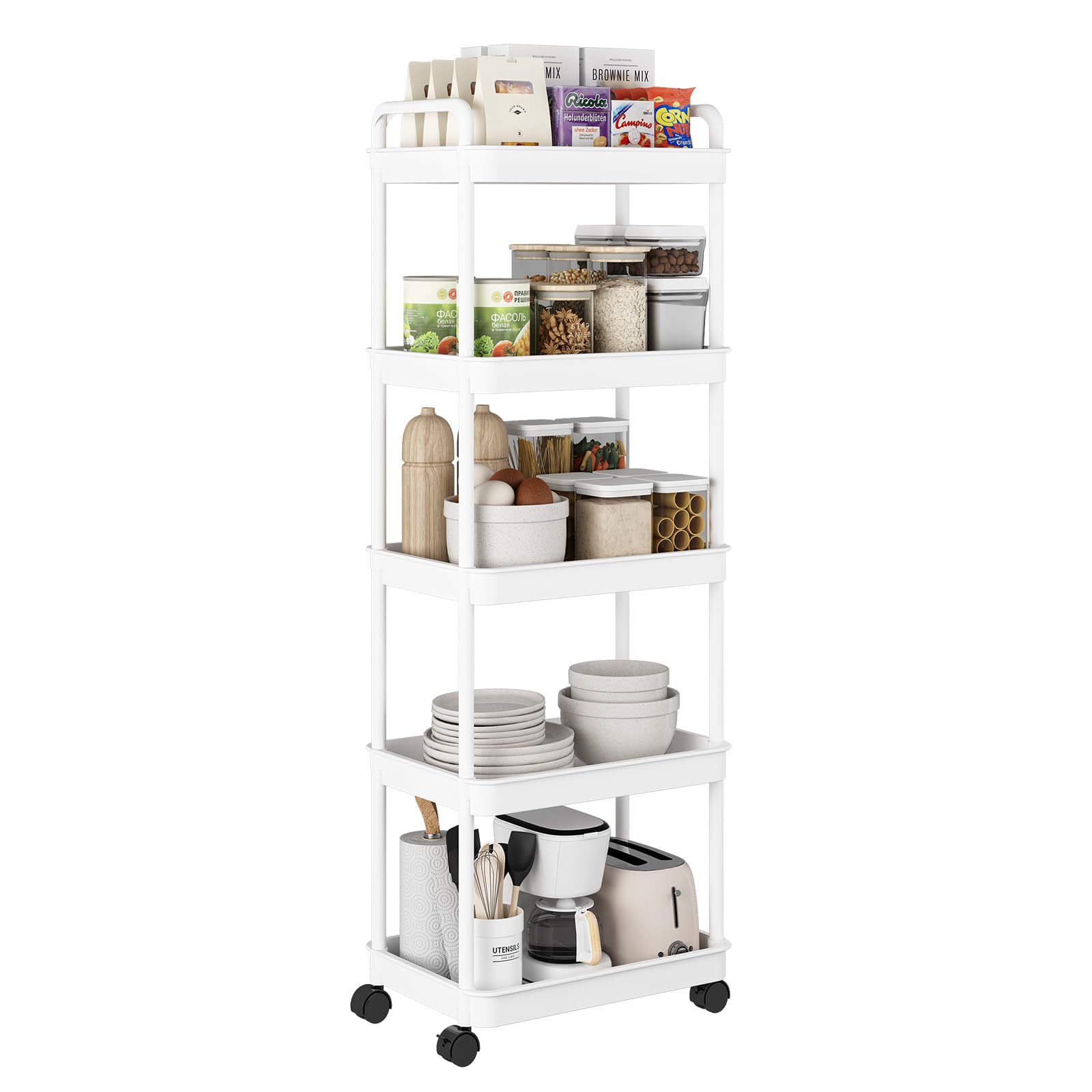 Wisdom Star 5 Tier Rolling Utility Cart on Wheels, Storage Cart with Handle, Mobile Mesh Trolley with Basket Shelving, Snack Organizer Carts for Kitchen, Bathroom, Office, Living Room (White)