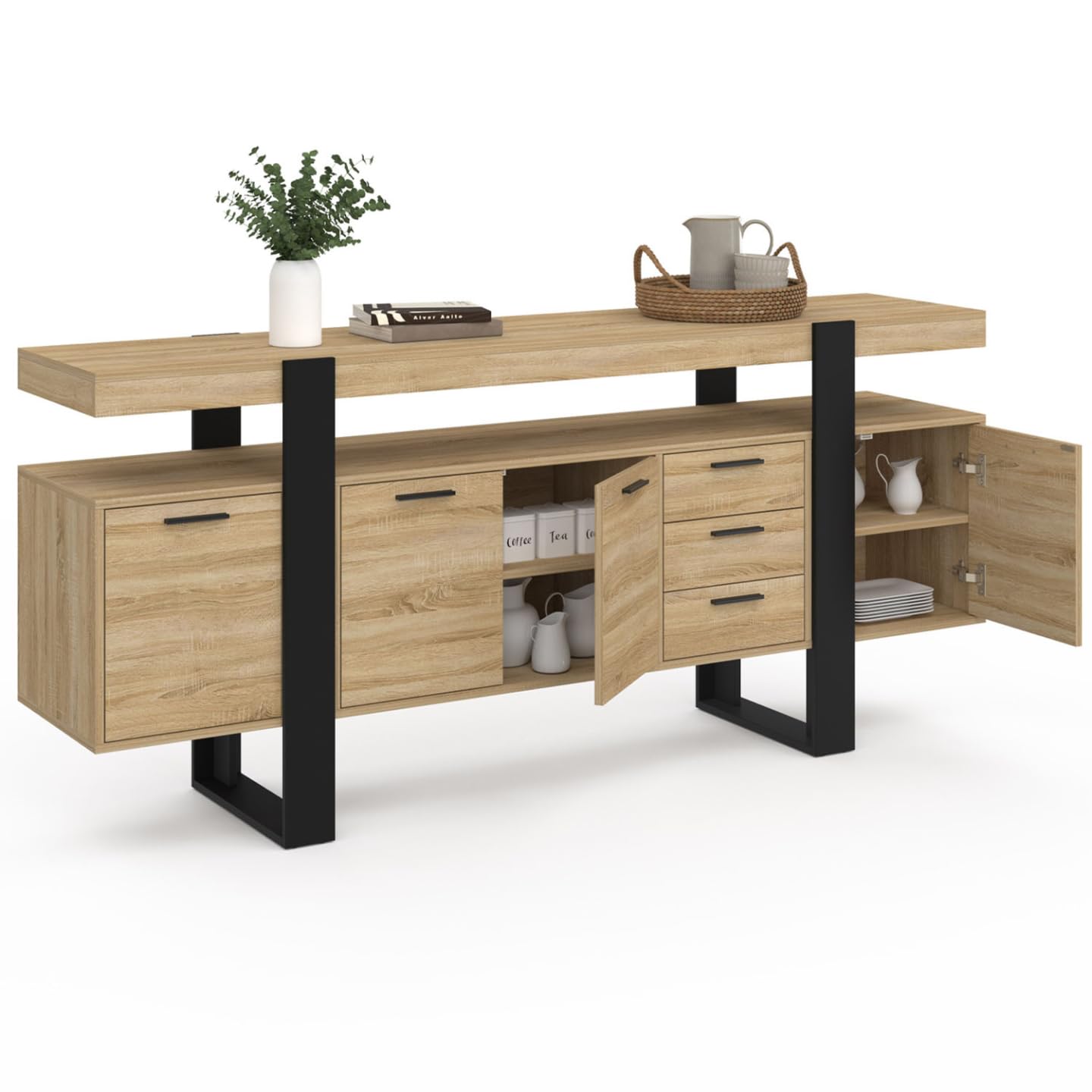 IDMarket - Buffet 180 cm Phoenix XXL 4 Portes et 3 tiroirs Bois et Noir