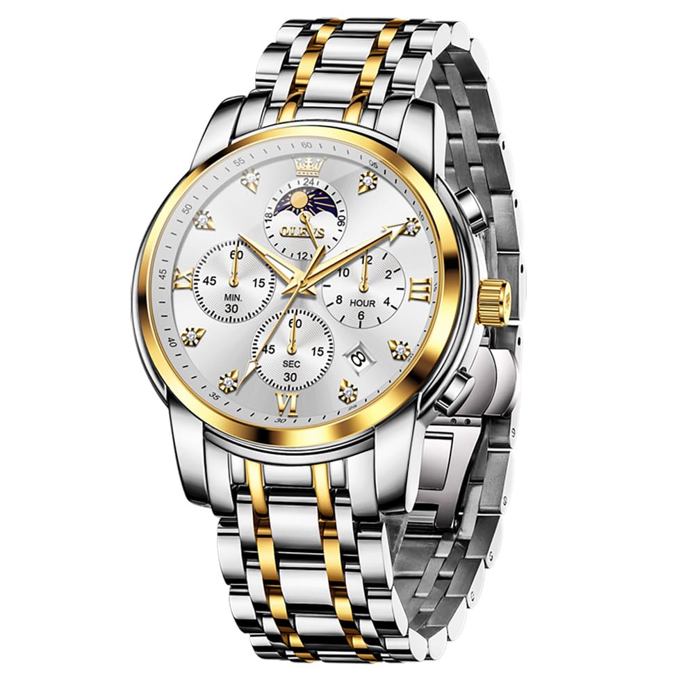 Image of OLEVS Multifunctional Chronograph Calendar Watch for Man Diamond Analog Moon Phases Wrist Watches Stainless Steel Waterproof Luminous Mens Watch