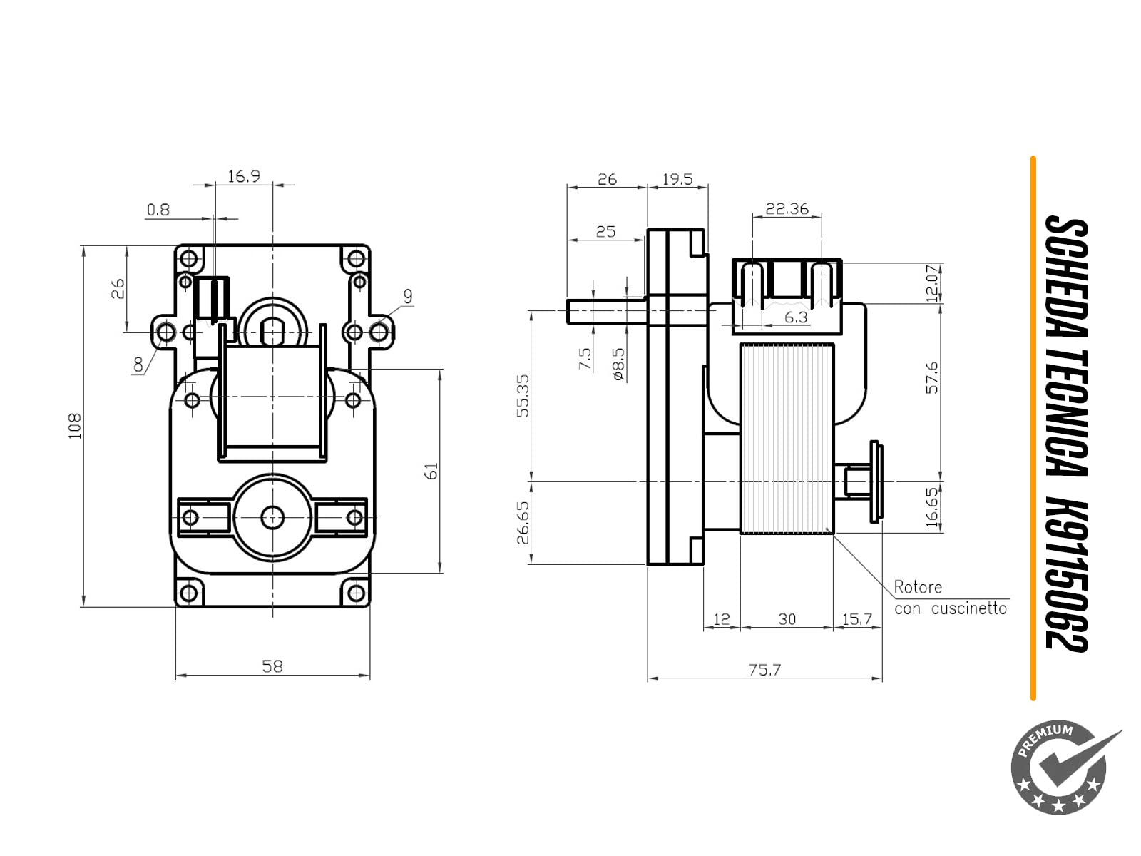 eRicambi, Motoriduttore K9115062 Kenta per Stufe a Pellet, Velocità 2 rpm, Pacco Lamellare 30mm, Ø Albero 8,5mm, Senso di Rotazione Oraria, Spianatura Singola