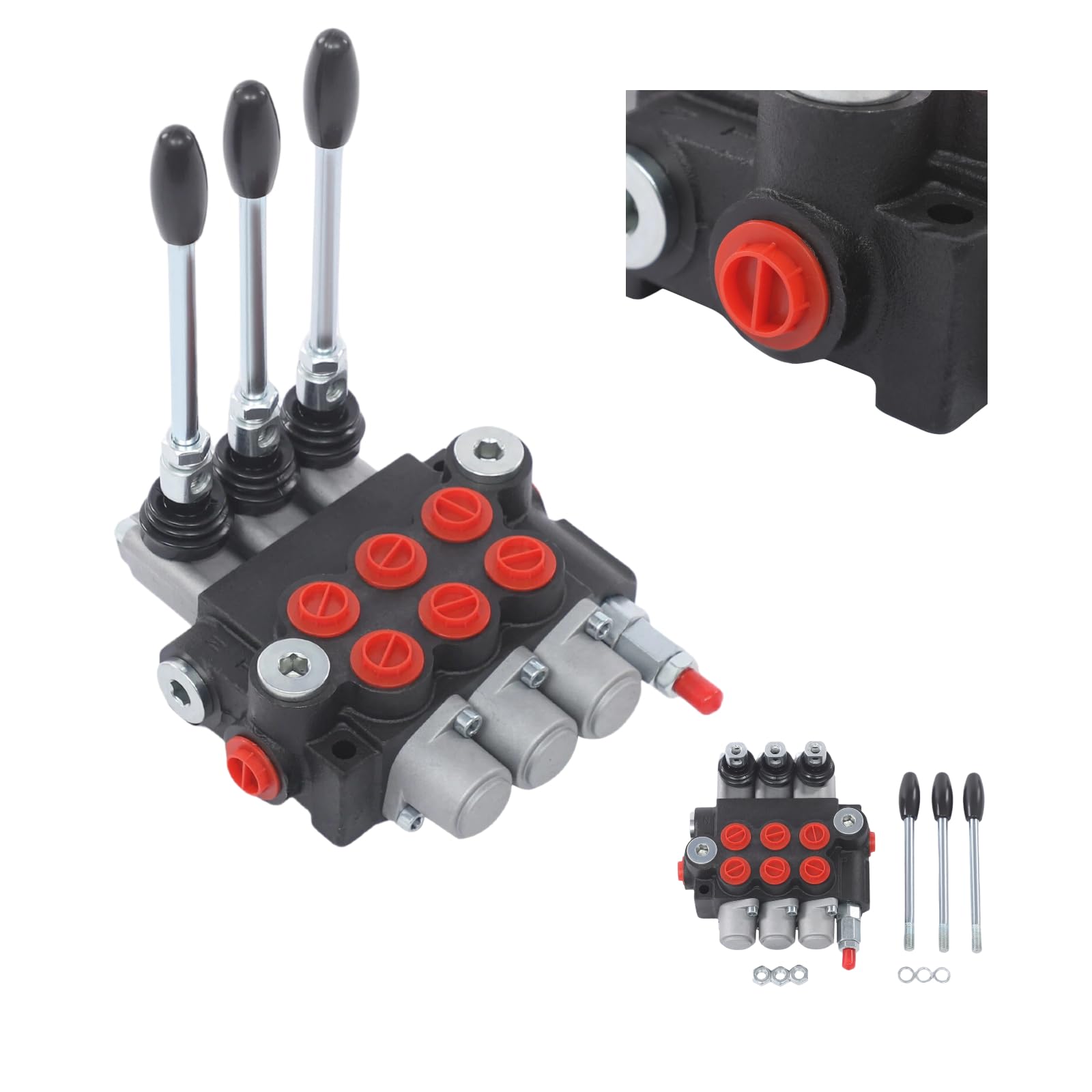 Hydraulikventil 3-fach 40L/min einstellbar für Traktor Lader | Hydraulisches Richtungsventil Aus Robustem Gusseisen, Mit Verstellbarem Überdruckventil (5-31,5 MPa), Rückschlagventil