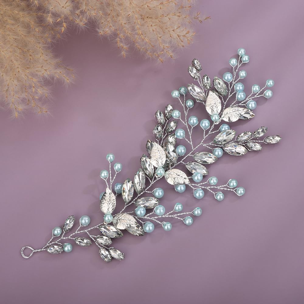 Teyglen Crystal Bride Wedding Hair Vine Headband Silver Leaf Green Rhinestone Headpiece Wedding Hair Accessories Bridal Crystal Pearl Headband Hair Piece for Women Girls (Mint Green)