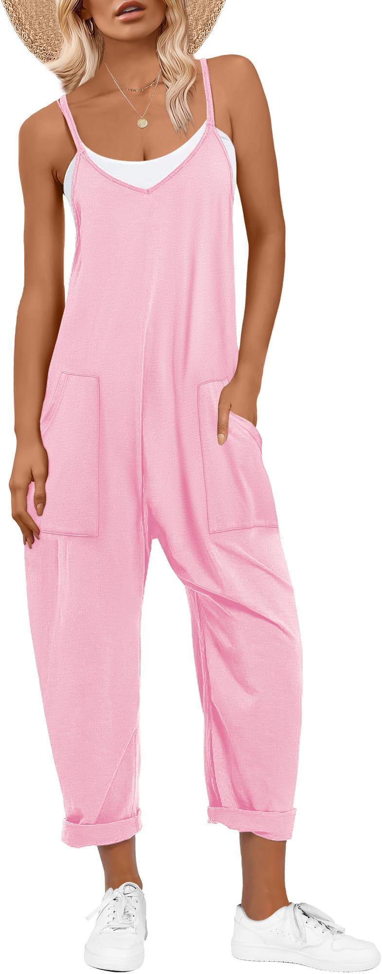 ANRABESS Women's Casual Loose Sleeveless Jumpsuits Adjustbale Spaghetti Strap V Neck Harem Long Pants Overalls with Pockets