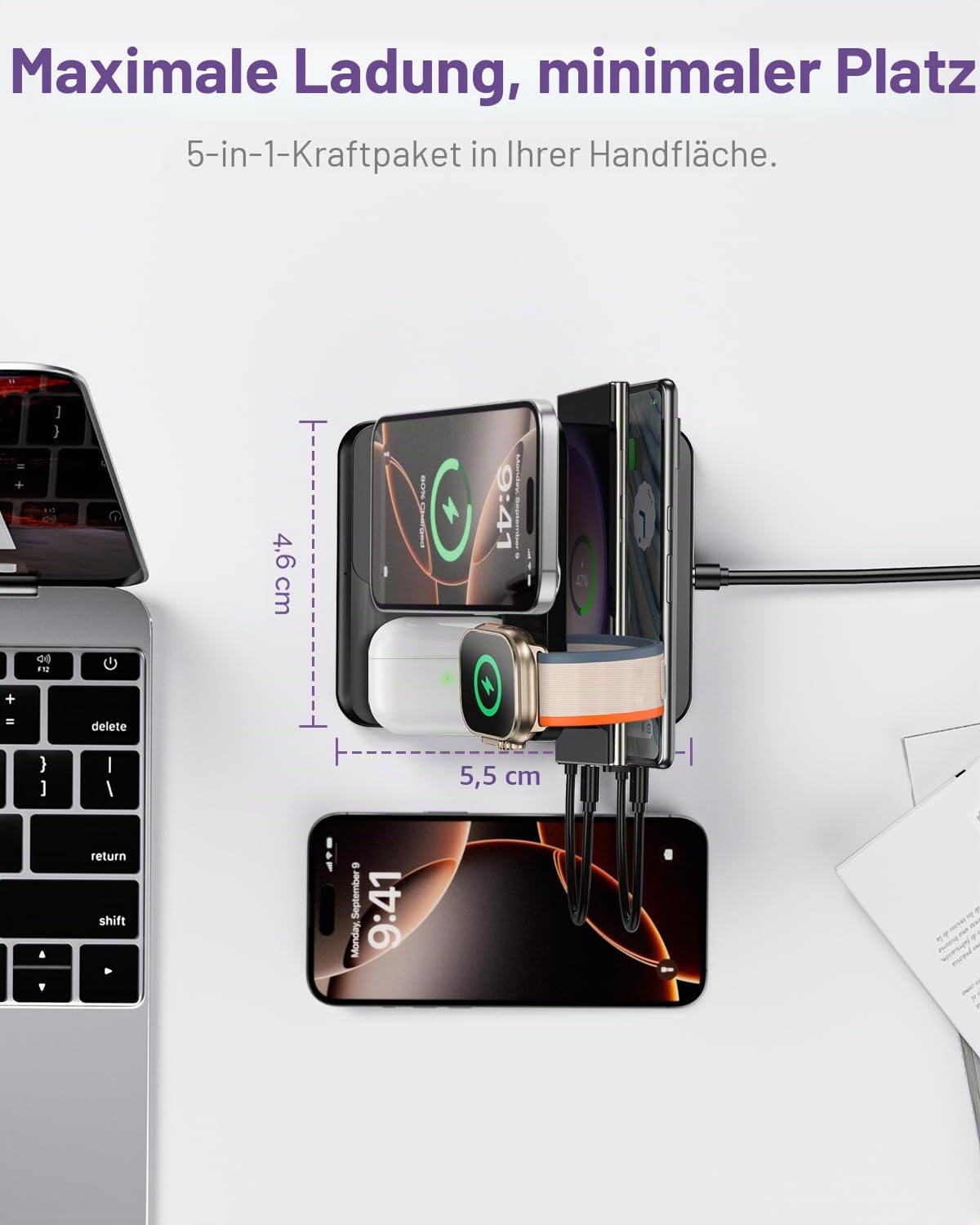 Intoval 5-in-1 Ladestation, kompatibel mit iPhones 17/17 Pro/17 Pro Max, iPad Pro/Air/Mini, Apple Watch 11/Ultra 3/Ultra 2/Ultra/10/9/8/7/6/SE, kabellose Ladestation für mehrere Geräte (G805, Schwarz)