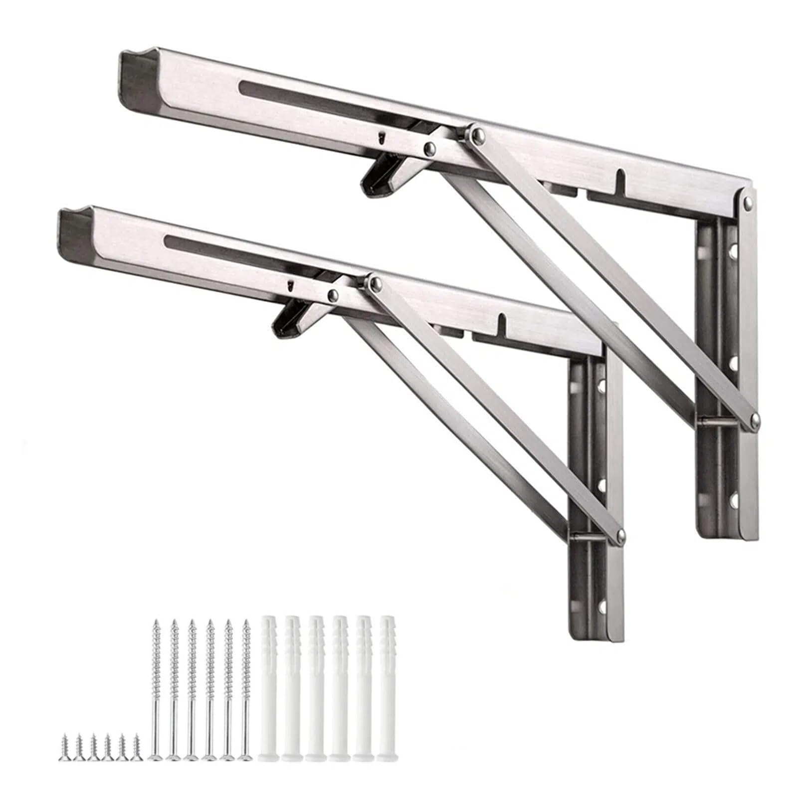 Folding Shelf Brackets 400mm (16 Inch), Heavy Duty Stainless Steel Wall Mounted Brackets for Fold Down Desk & Shelving, 80kg Max Load, 1 Pair