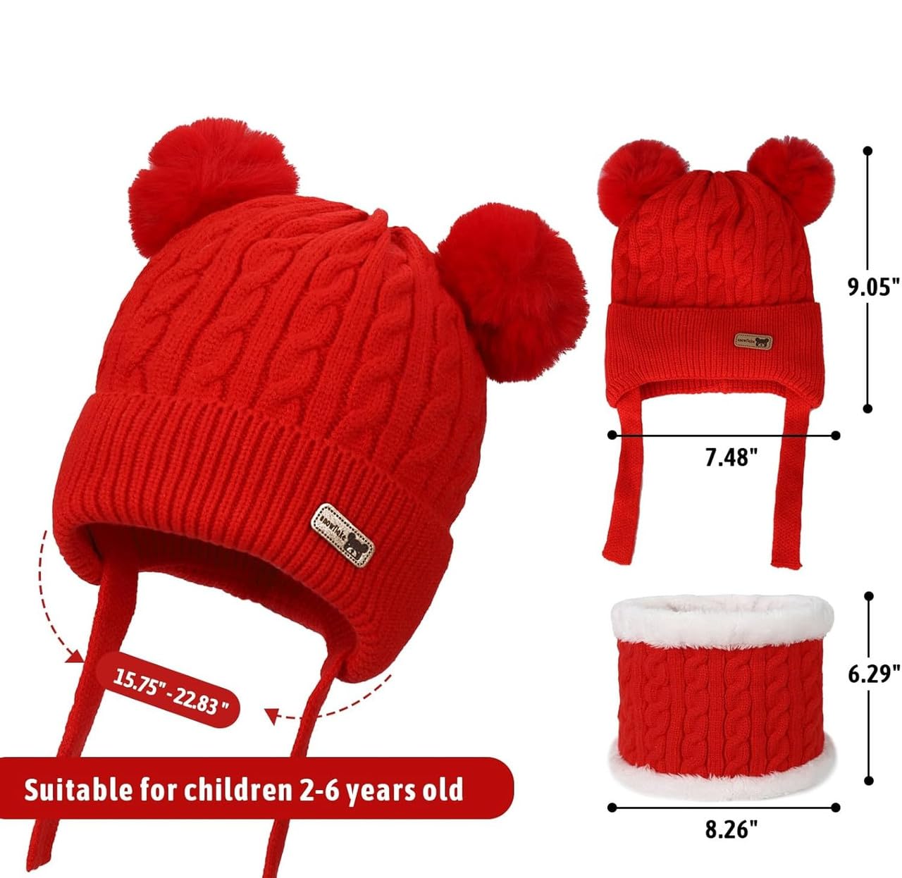 MIKONIKO Kids Winter Hat Scarf Set for Girls & Boys | Toddler Knit Beanie Cap & Neck Warmer | Warm Fleece Lined | Soft & Comfortable | 2–6 Years Red, 1 Count 2