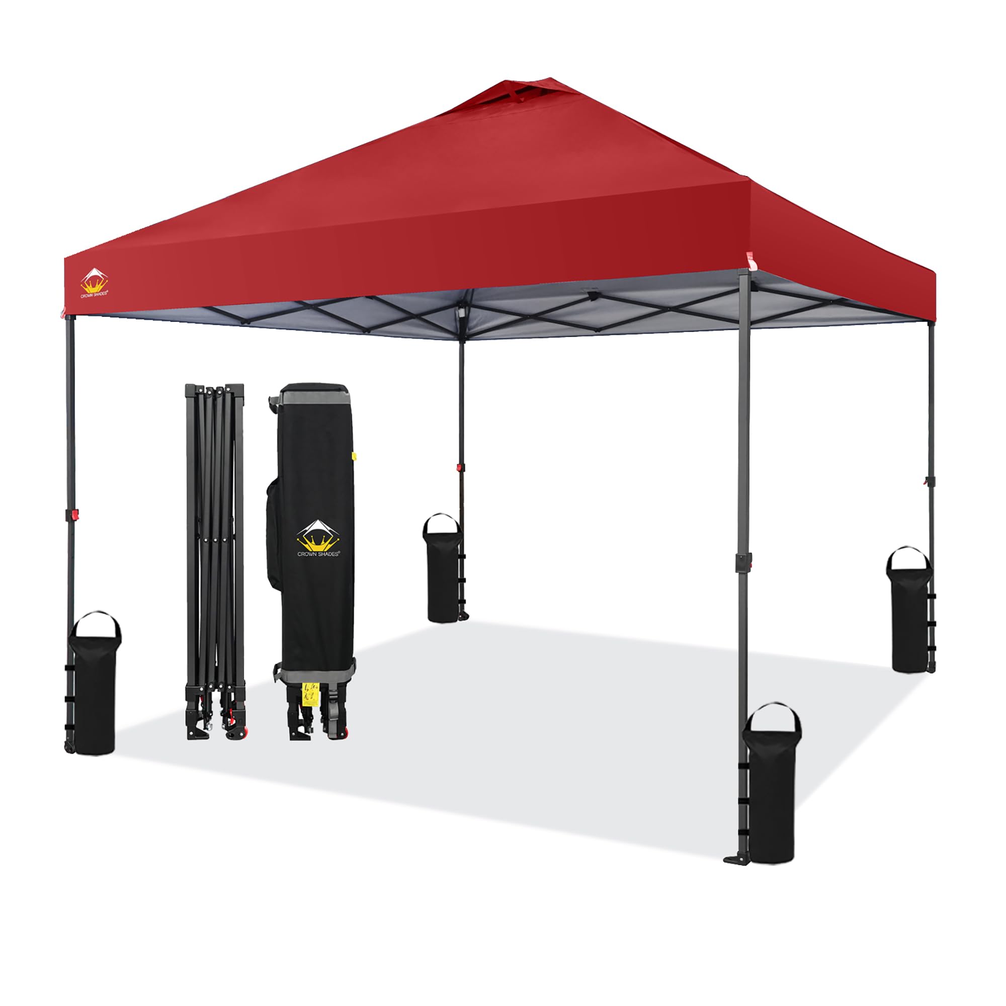 CROWN SHADES10x10 Pop Up Canopy Tent - Patented Center Lock One Push Instant Outdoor Canopy Beach Tent with STO-N-Go Bag 8 Stakes & 4 Sand Bags，Red