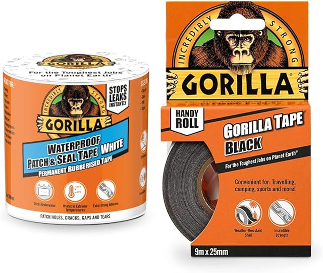 Gorilla Waterproof Patch & Seal Tape White 3m and Tape Handy Roll Black 9m