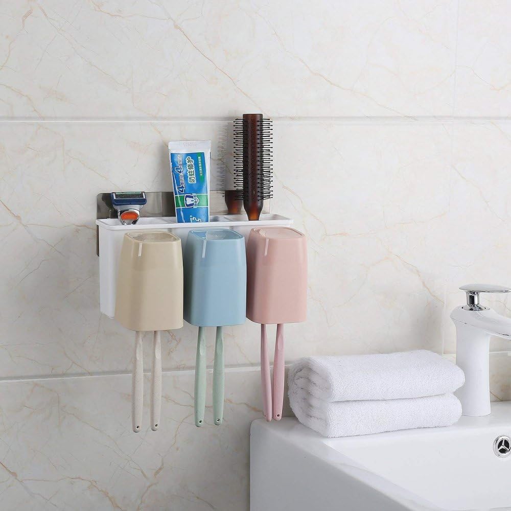 AJARVAR Premium Wall Mount Toothbrush Combination Holder with 3 Cups Self-Adhesive Bathroom Shower Storage Organizer 2