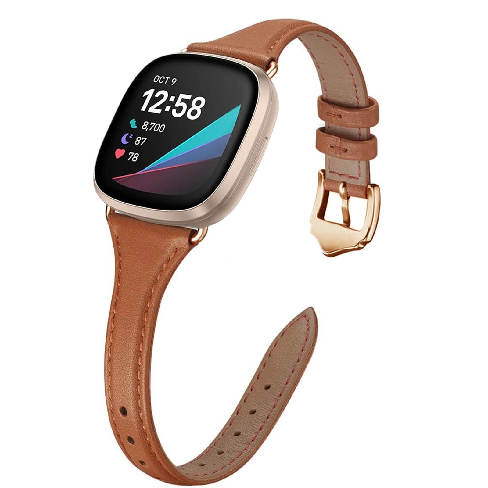 TUV PLNT Strap Compatible with Fitbit Versa 4/Versa 3/Sense 2/Sense,Leather Strap Replacement,Slim&Thin Wristband (Brown/Rose Gold)