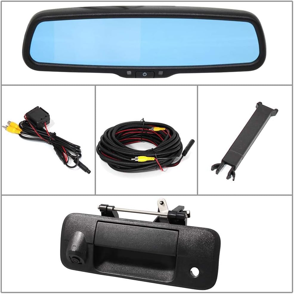 EWAY for Toyota Tundra 2007-2014 4.3" Rear View Mirror Monitor with Tailgate Handle Backup Camera Kit Parking Waterproof CCD Reverse Reversing Night Vision Car Safety Backing Auto Cameras