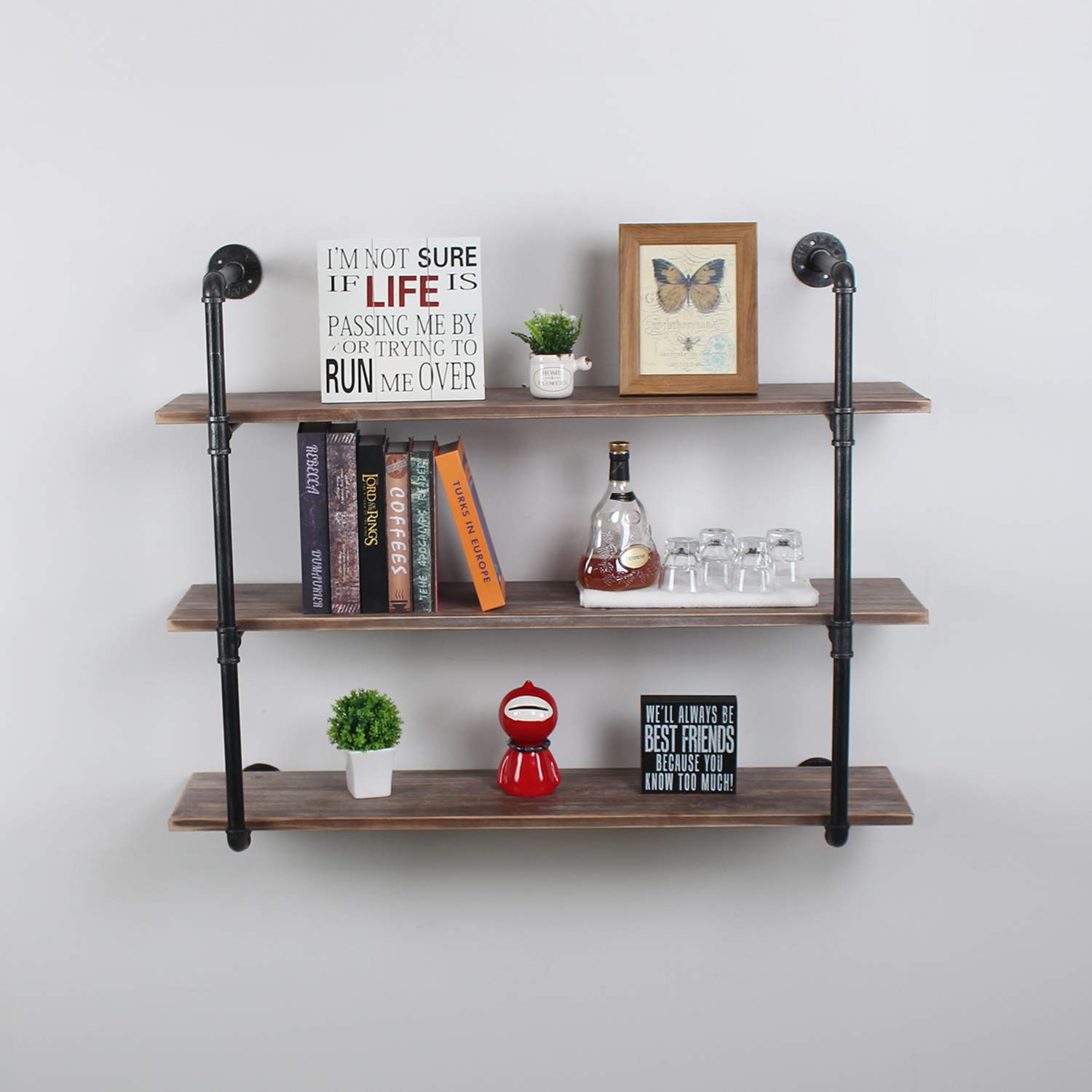 MBQQ Industrial Pipe Shelves with Wood 3Tiers,Rustic Wall Mount Shelf