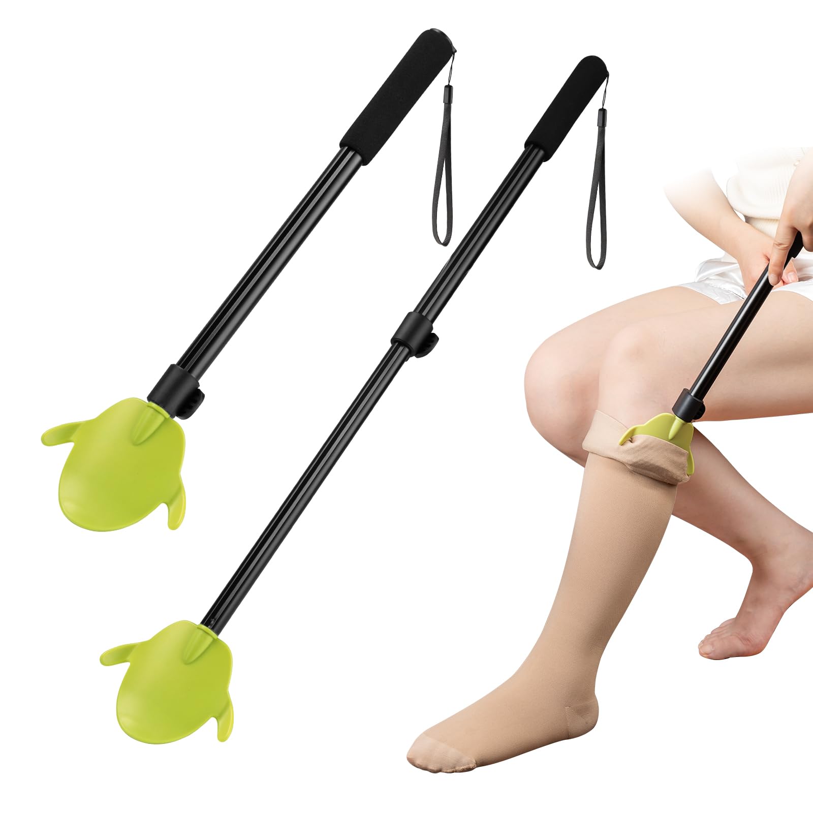 Compression Sock Aid Device for Removing Socks,Sock Assistant,Shoe Horn Long Handle,2 in 1 Adjustable Aluminum Tube 16"-27" Independent Living Aids for Seniors,Elderly, Disabled Men and Women