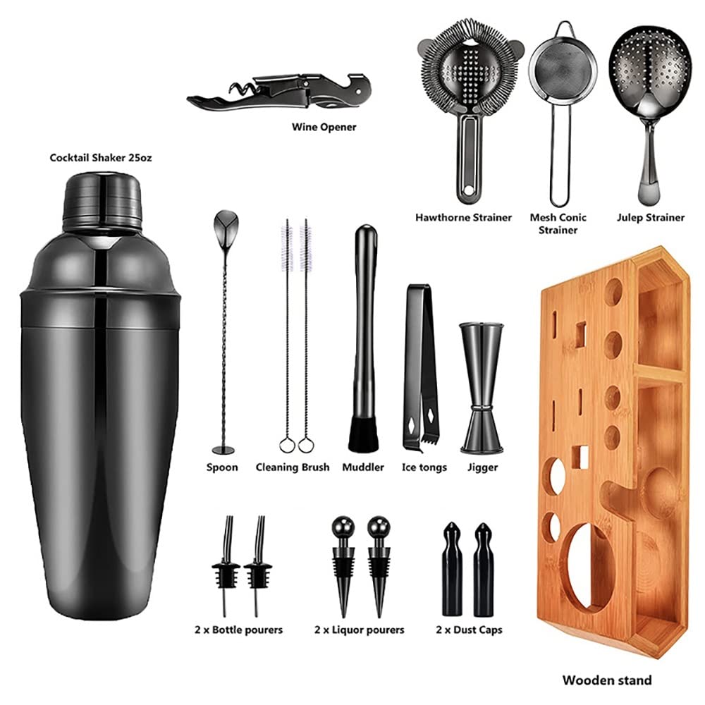 hansum Juego de coctelera de 18 piezas de acero inoxidable para hacer cócteles con soporte de madera (color: negro)