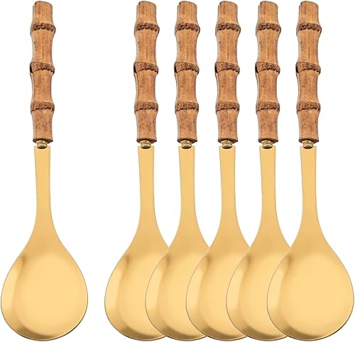 Juego de 6 cucharas de servir con mango de bambú natural, de acero inoxidable, de gran tamaño, para cenas y banquetes, de 10.0 pulgadas, cucharadas