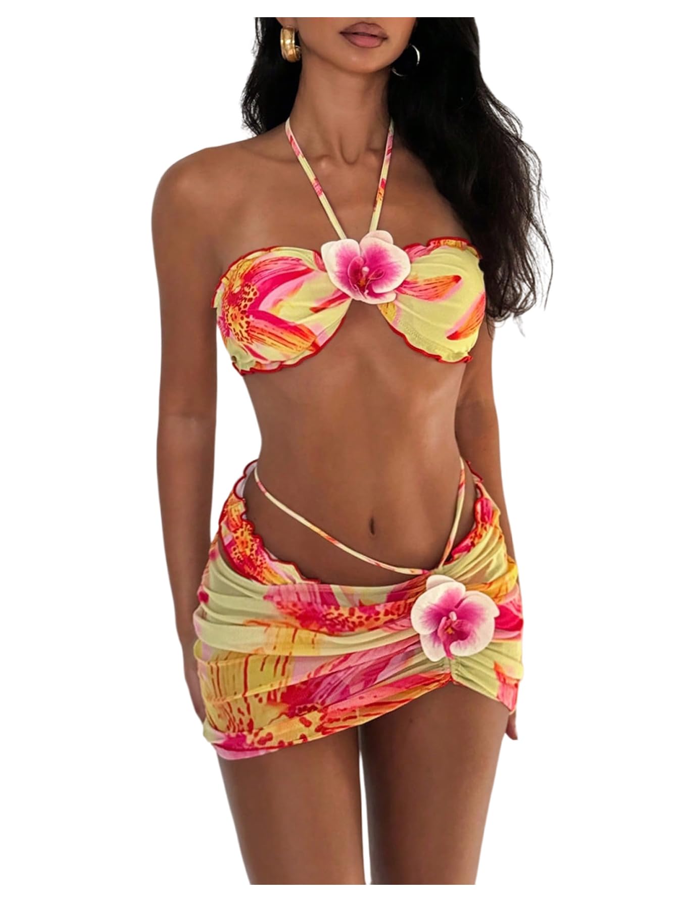 Photo 1 of SOLY HUX Women's 3 Piece Swimsuit Floral Halter Bikini Set Beach Vacation Bathing Suit with Drawstring Cover Up Skirt Multicoloured Floral X-Small