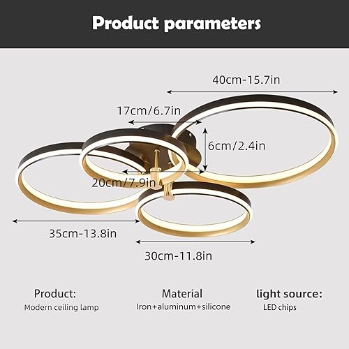 Miniatura 4 de Ganeed Lámpara de techo LED regulable, moderna lámpara de techo de 4 anillos con control remoto, 60 W, luces de techo doradas para sala de estar,