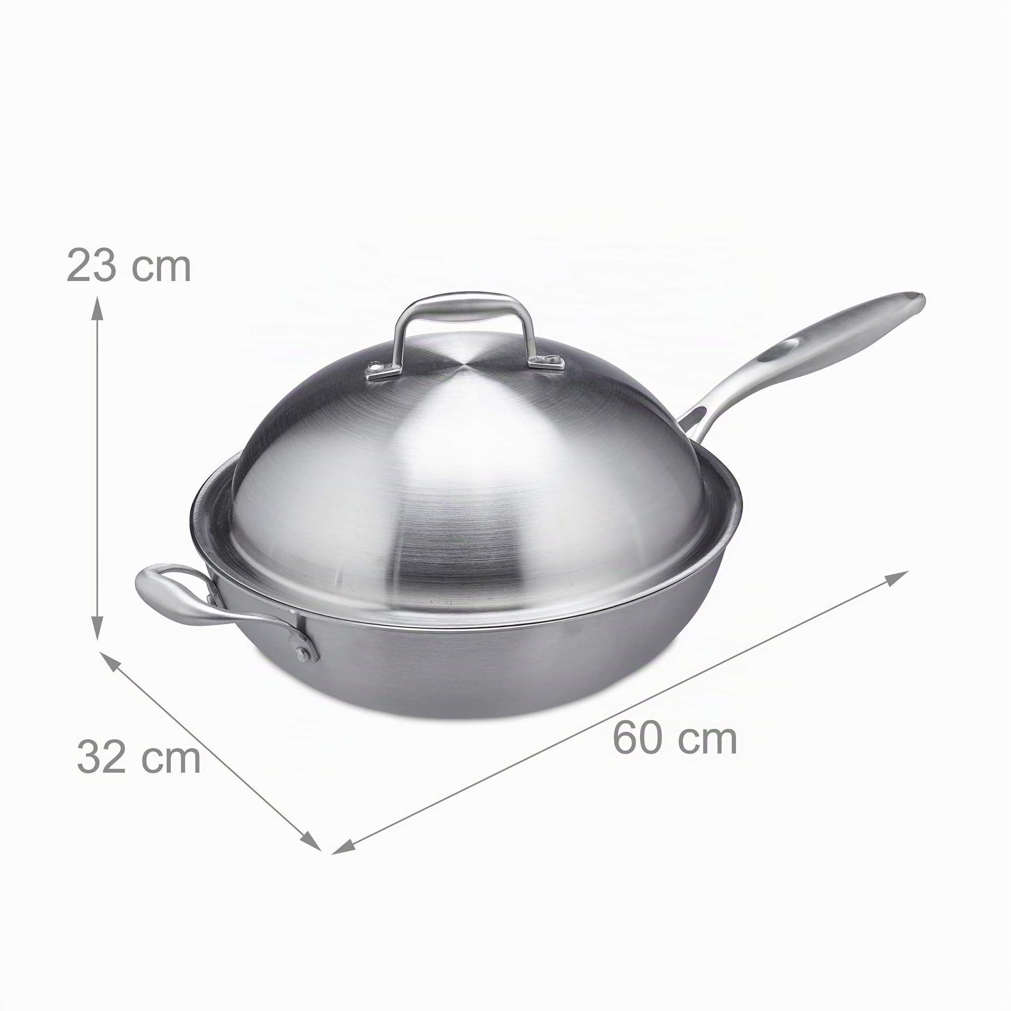 Relaxdays Padella Wok, Ø 32 cm, Acciaio Inox Non Rivestito, Coperchio in Vetro, Fornello Elettrico e Induzione, Argento