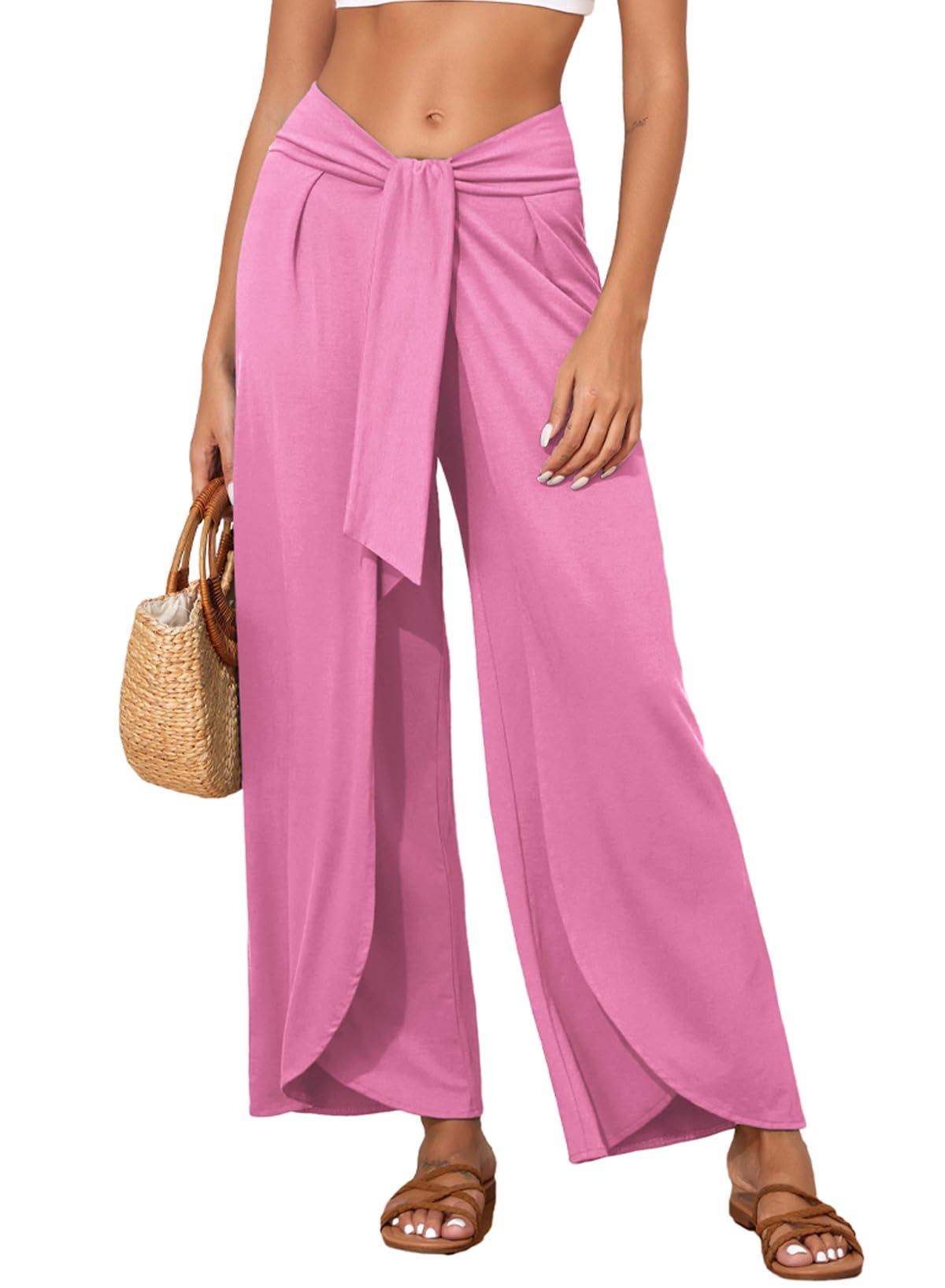 HerseasWomens Beach Pants Split Wide Leg Beach Cover Up Pants Palazzo Flowy Casual Lounge Pants