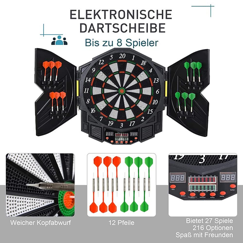 OHMG Jeu de Fléchettes Electronique Cible Electronique pour Jusqu'à 16 Joueurs,avec Affichage LED,27 Jeux,216 Variations,12 Fléchettes,Fléchettes Pointe Molle,Cible fléchette