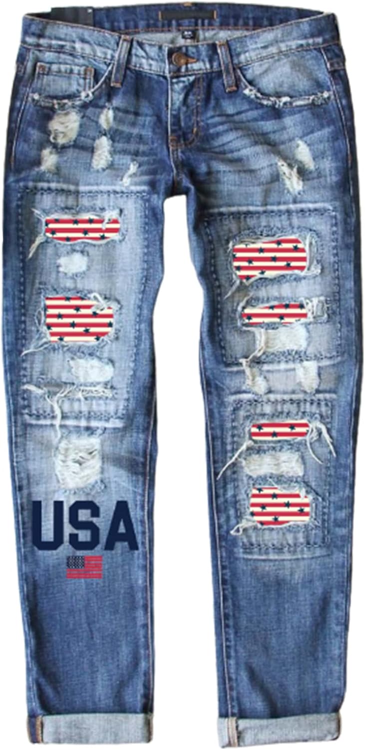 EVALESS Ripped Jeans for Women Plaid Patch Boyfriend Skinny Distressed Denim Jean Pants