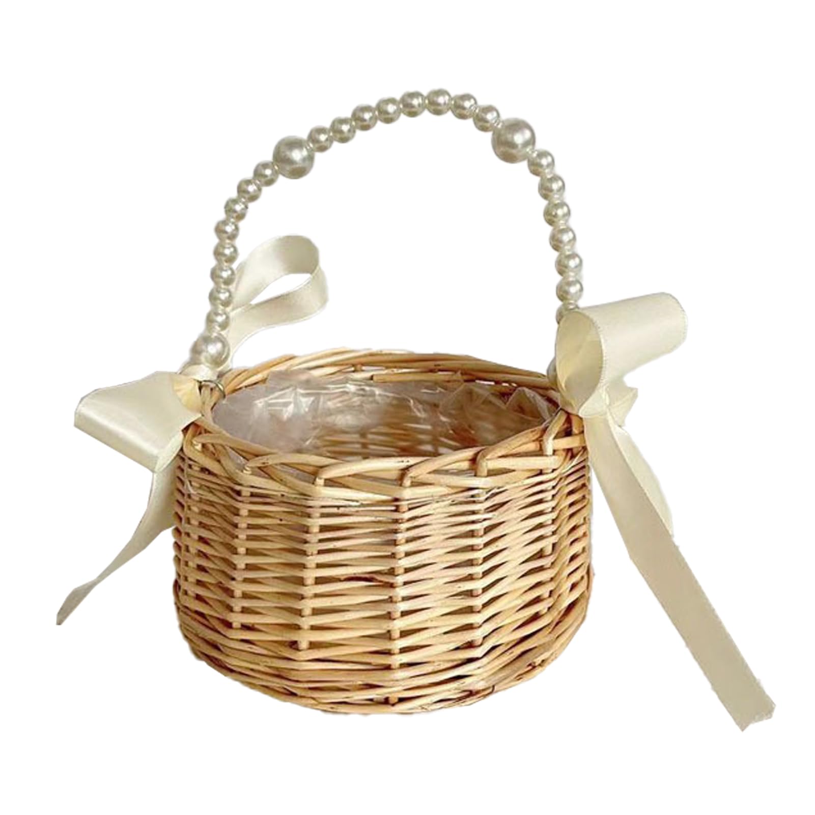 Muiltvoe Set of 2 Wicker Rattan Flower Girl Baskets Pearl Handle Wedding Petals Basket with Ribbon Bows, for Wedding Aisle Confetti Scatter