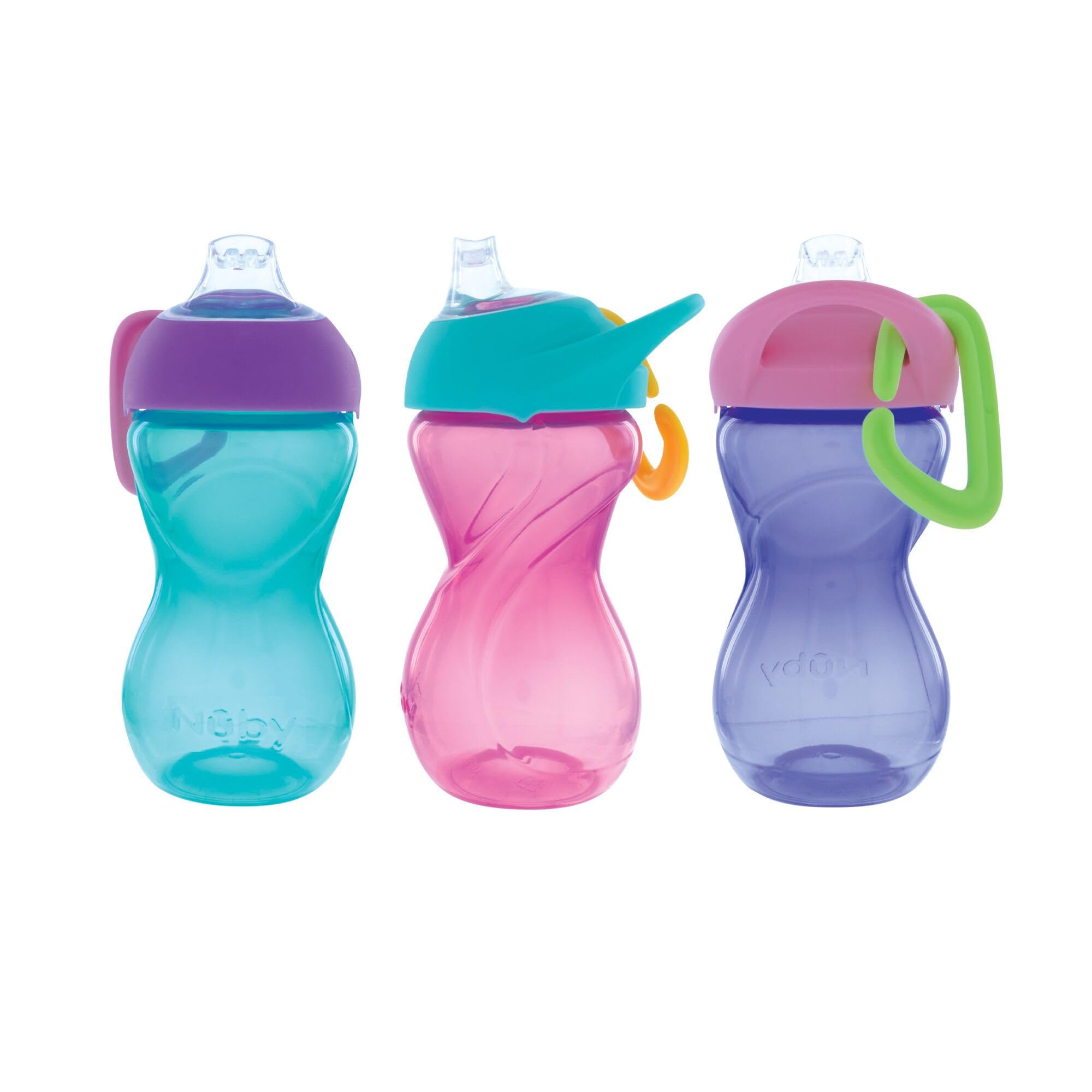Nuby No-Spill Clik-It Soft Spout Sippy Cup with Carabiner Clip - (3-Pack) 10 oz - Baby Sippy Cup for 6+ Month Old with Easy Grip - Aqua/Pink/Purple