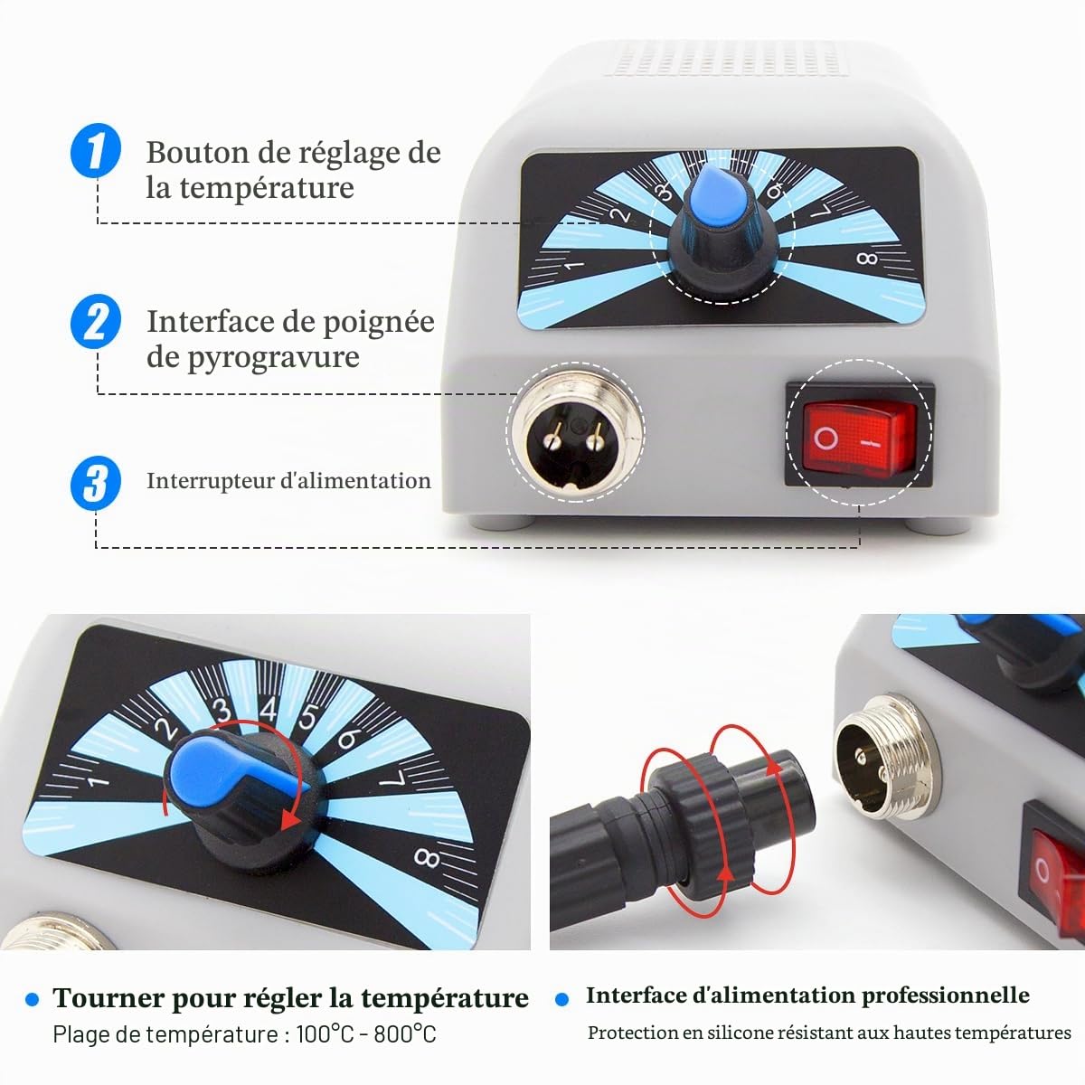 Kit de Pyrogravure au Bois, 60W Machine à Pyrogravure avec 30 Têtes de Stylo, 100-800°C Température Réglable Woodburner avec Station de Fer à Souder à Chauffage Rapide