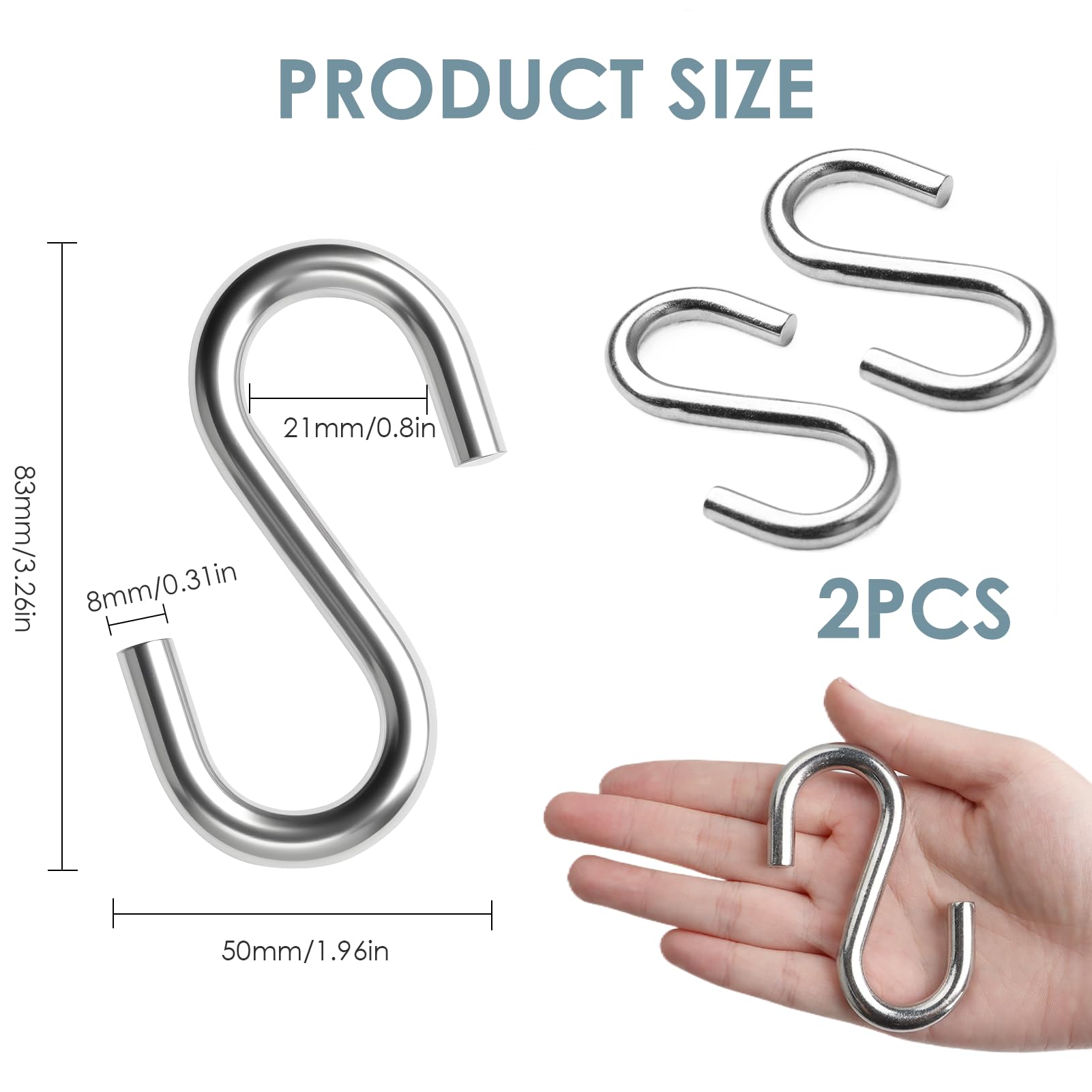 GEU Heavy Duty S Hooks 304 Stainless Steel 3 Inch Metal Hammock Hooks for Hanging 300kg Weight Capacity Butchers Anti-Rust Swing S Shaped Hook - Image 2