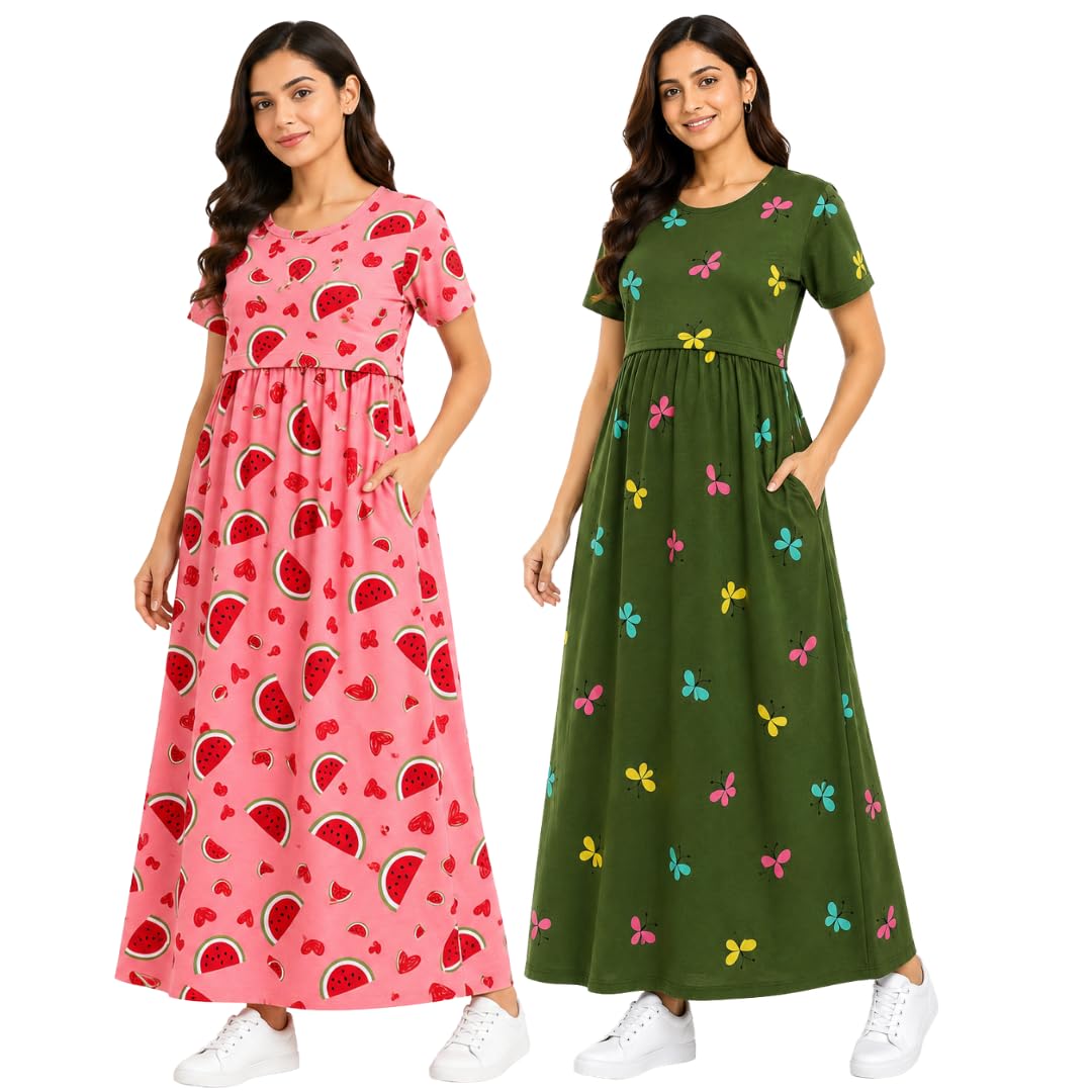 Maternity Feeding Dress Combo Pack of 2 | Zipless Nursing Dress for Women | Soft Cotton Lounge & Outdoor Wear | Pregnancy & Feeding Friendly Maxi Dress with Pockets(OliveGreen,Watermelon)-image-8