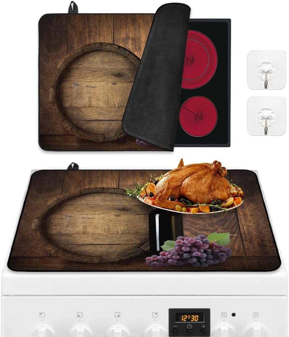 Stove Cover for Electric Stove, Wine Bottle and Fruit Grape with Wooden Barrel Stove Top Cover for Glass Top, Heat Resistant Rubber Mat Foldable Cooktop Cover Top Protector, 36"x21"