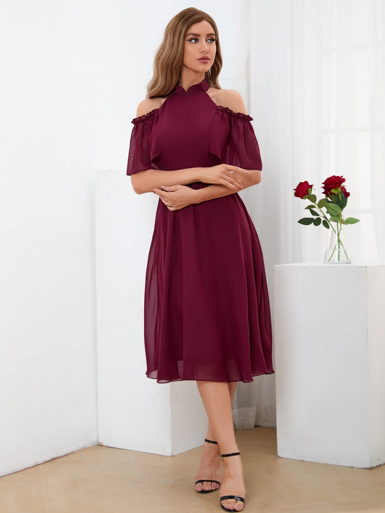 Amazon.com: Neeno Women's Dresses Cold Shoulder Frill Trim Chiffon Dress  Dress for Women (Color : Burgundy, Size : Large) : Clothing, Shoes & Jewelry