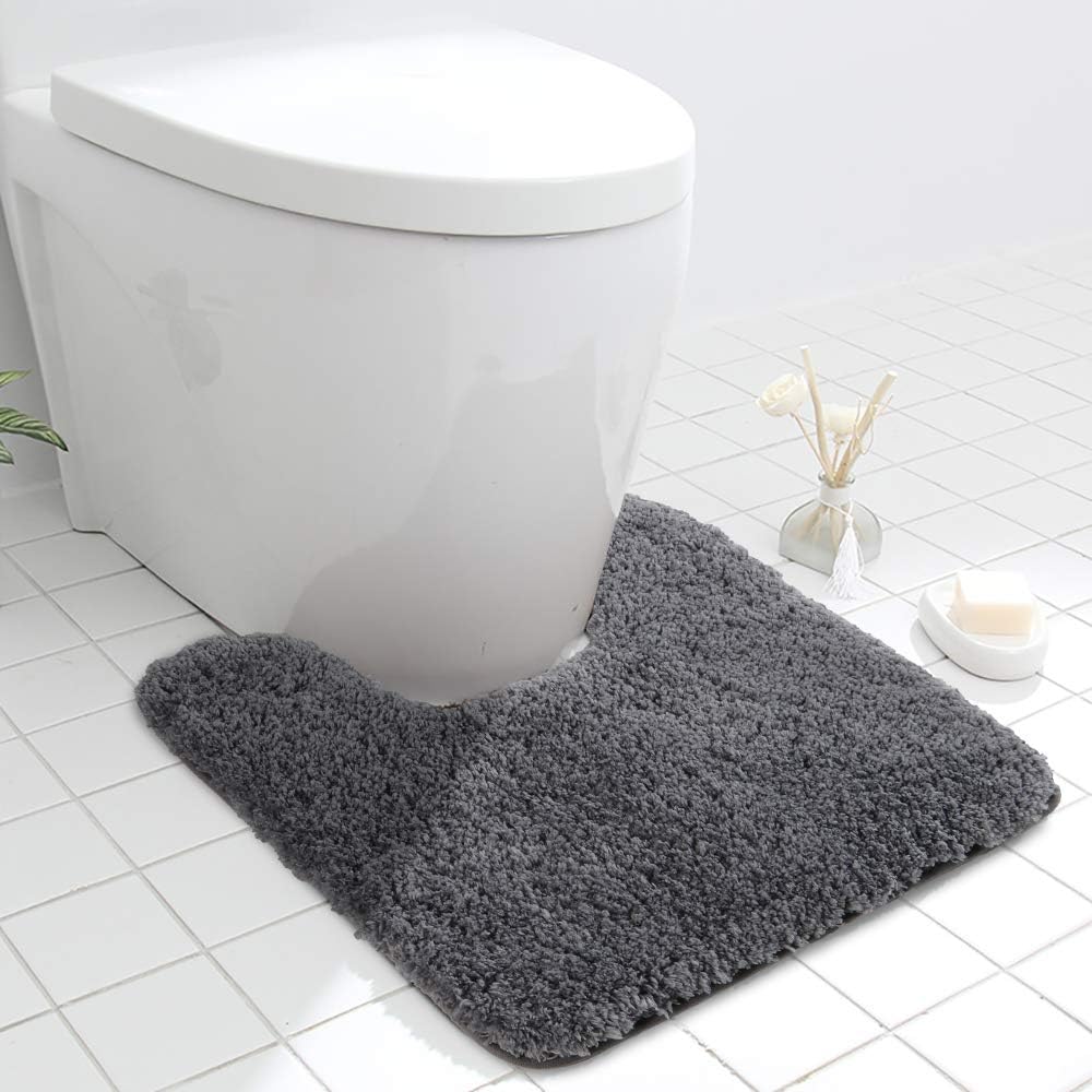 Seavish Luxury Grey Contour Bath Rug 19.5 X 19.5 Inches Shaggy Bathroom Rugs Non Slip Efficient Water Absorbent Washable Tufted Bath Mat Microfiber Soft Thick Plush U-Shaped Toilet Rug for Feet