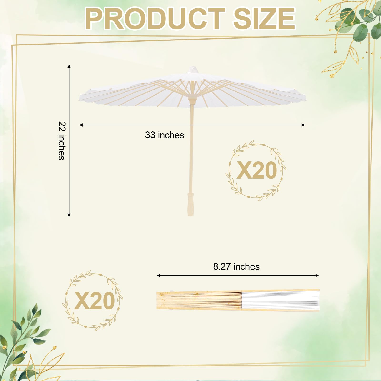 PLUVAVA 20 PCS 33 Inch White Paper Umbrella and 20 PCS Folding Handheld Fans Paper Parasols Large Chinese Japanese Oiled Umbrella DIY Painting Carfts for Wedding Props Bridal Party Décor (20 PCS)