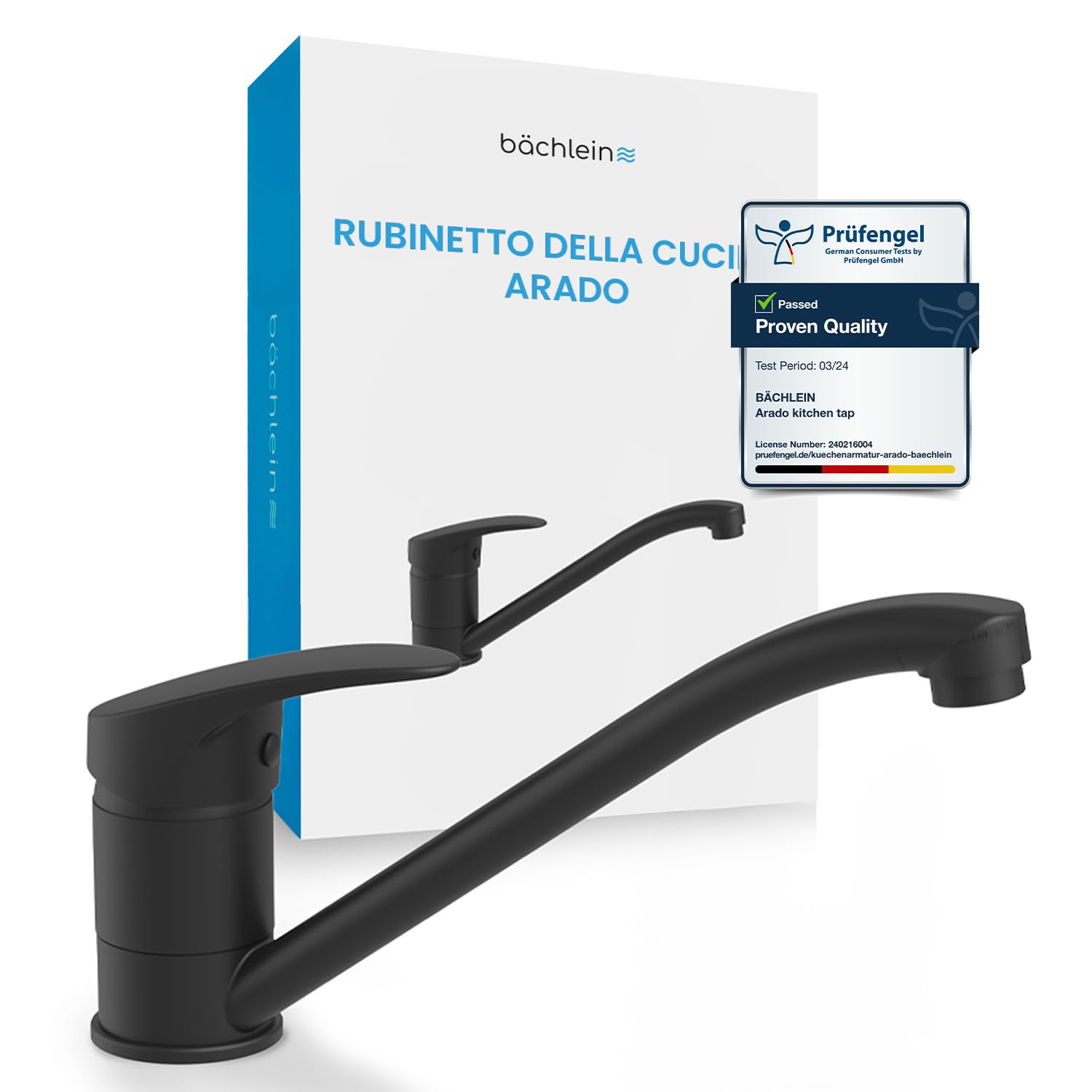 Bächlein Miscelatore da Cucina Girevole a 360 Gradi (Nero Opaco) - Miscelatore Monocomando per Lavello con Bocca Girevole a 360° - Rubinetto per la Cucina dal Design Extra Solido