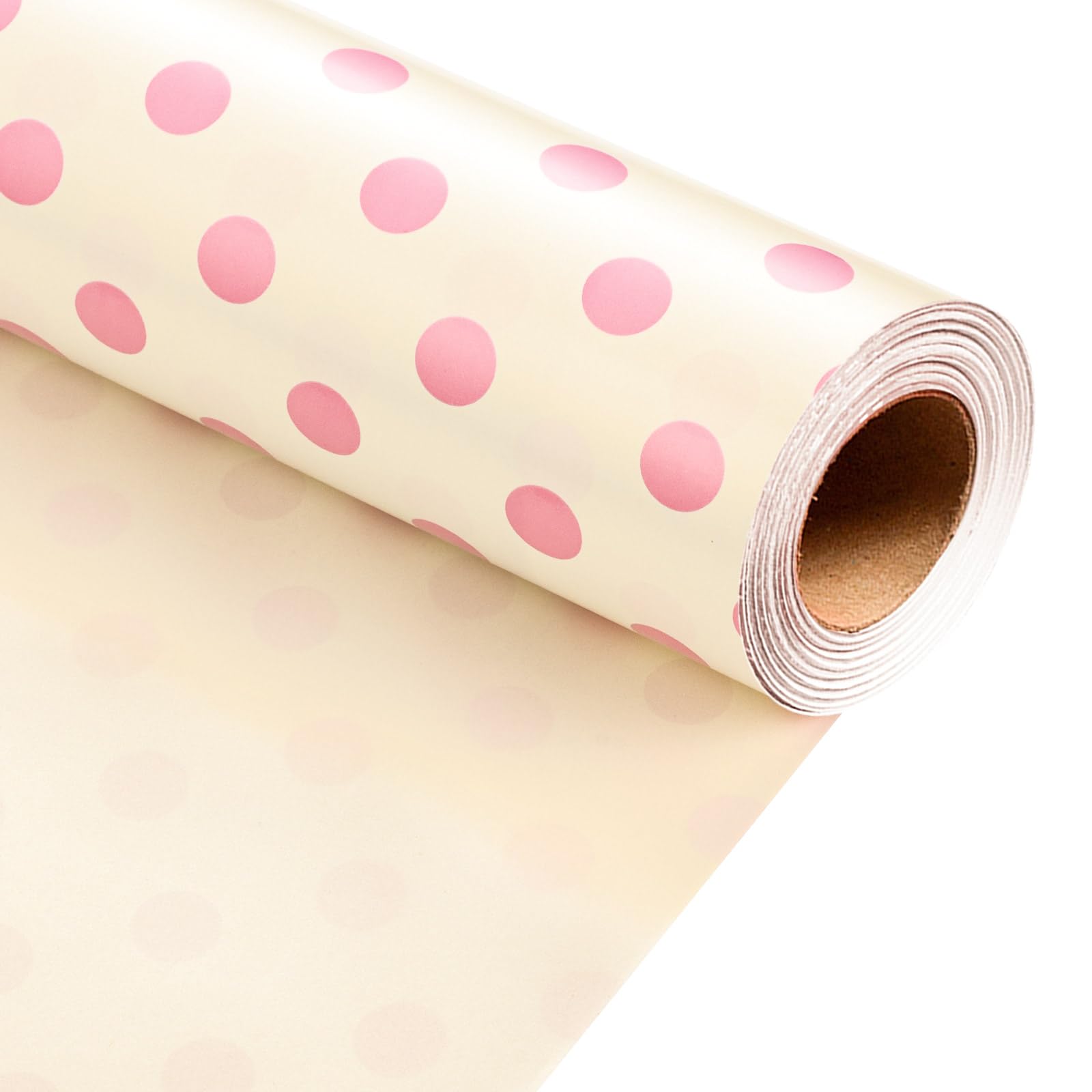 Burymento Pink and Beige Dots Wrapping Paper, Reversible Pink Gift Wrap for Birthday, Valentines, Mothers day, Graduation, Wedding, Fathers day, Baby Shower, Christmas (17in x 32.8ft)