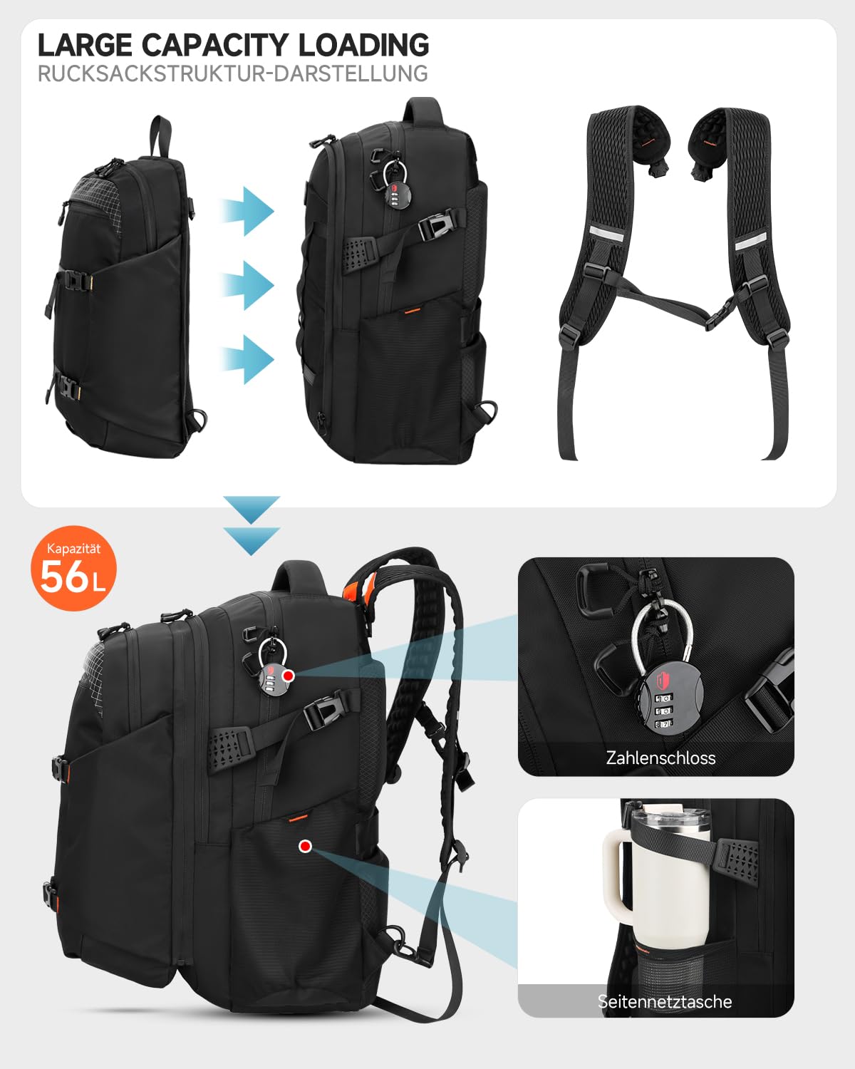 Rucksack herren Set Handgepäck Rucksack mit abnehmbarer Tasche, 2-in-1 rucksack handgepäck flugzeug mit 17 Zoll Laptopfach, verstellbare Gurte für Business & Urlaub Schwarz