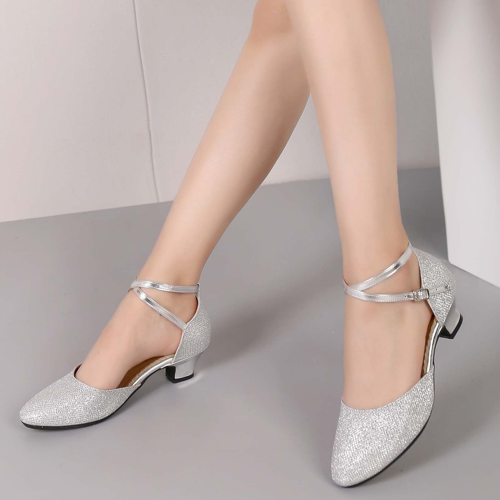 Scarpe da ballo da donna, eleganti, con glitter, comode scarpe da sposa con tacco | Scarpe con tacco a blocco con cinturino, scarpe con tacco spesso, scarpe larghe da matrimonio, scarpe da sera per feste