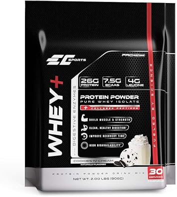 EC Sports Whey+ Protein Powder, Cookies n Cream Drink Mix w/Digestive Enzymes - Isolate Supplement, Collagen Peptides w/Faster Reform - 30 Servings