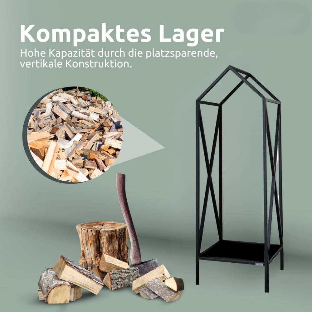 DELUKE Kaminholzregal innen Metall DUSI | Dachdesign, Schwarz | Feuerholzregal Kaminholzhalter Holzständer Holzhalter innen Holzlager