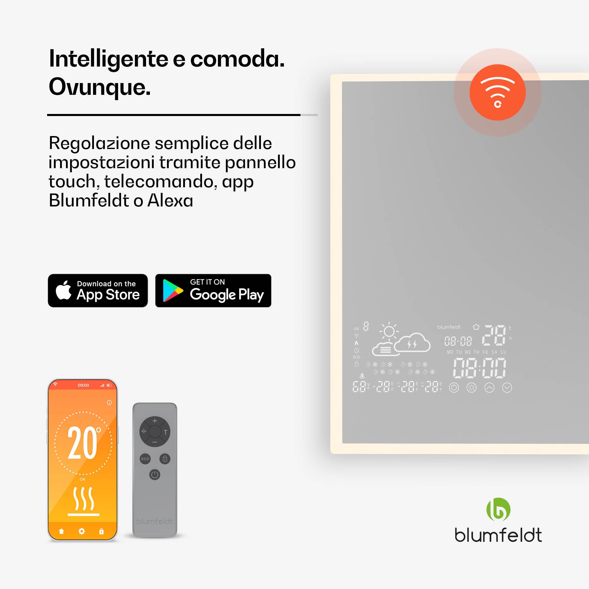 Blumfeldt - Pannello Radiante a Infrarossi, 600W – Specchio Smart, Controllo App & Telecomando, IP44, LED, Blocco per Bambini, Riscaldamento di 12-15m², Montaggio a Parete, WiFi, Bagno