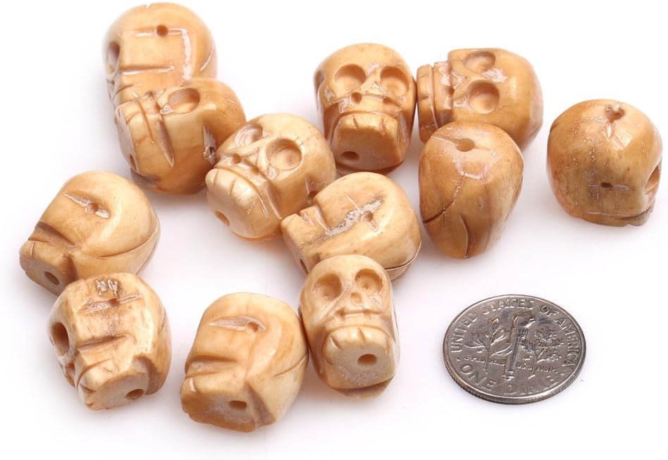 15x16mm Big Hole 1.2mm Yellow Carved OX Bone Skull Beads for Halloween Jewelry Making Bulk 12 pcs