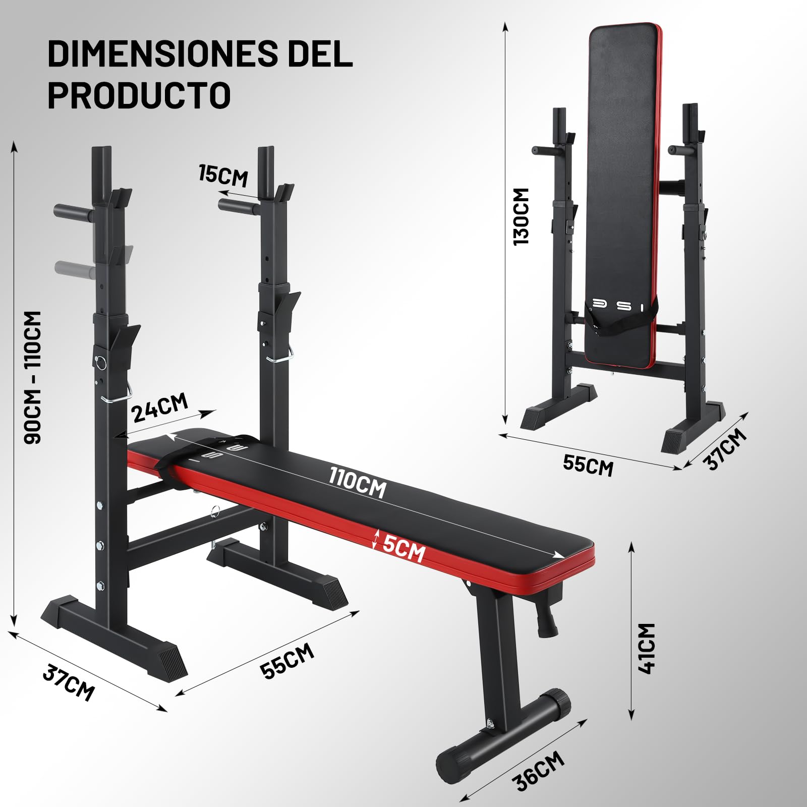 ISE Banco de musculación plegable ajustable con soporte de barras para mancuernas y estación de dips, bancos de musculación ajustables rojo negro 544-BK, blanco negro 544-WH