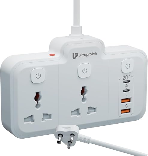 UltraProlink 6 in 1 Surge Extension Board |Device Safety with ISI Approved Heavy Duty Cable-2m|6 Ports-2 Fast Charge Type-...