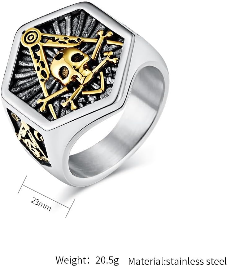 Men's Stainless Steel Vintage Freemason Masonic Biker Rings Cool Skull Head Signet Rings Band Silver Gold Size 9 - Image 3
