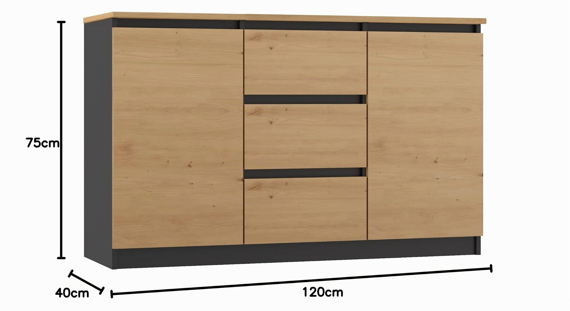 CDF Commode Basse 2 Portes et 3 Tiroirs Buffet Enfilade Meuble de Rangement Salon Chambre Bureau 120 x 40 x 75 cm - Chêne Artisan/Anthracite