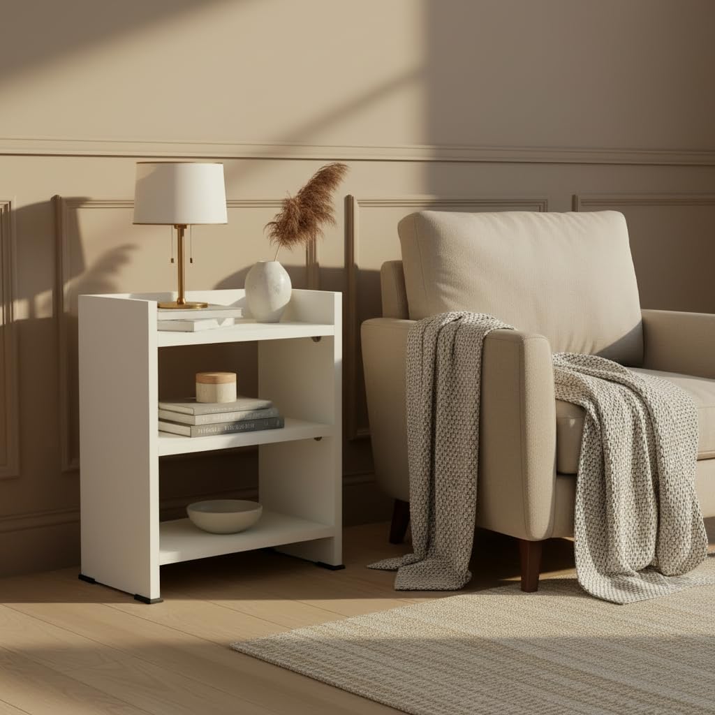WUDISM Modern Wooden Side Table for Bedroom, Living Room with 3 Shelves Storage for Chargers, Phone, Lamp, Books | Coffee Table for Living Room with Storage, White-image-23