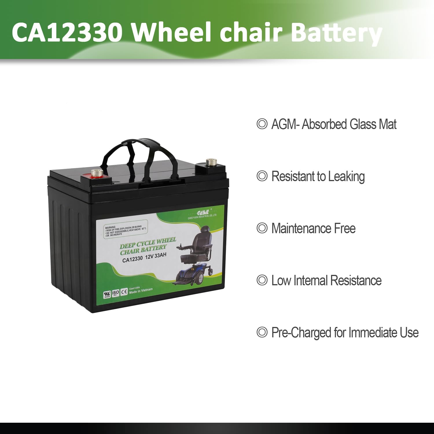 Casil 12V 33Ah Deep Cycle Battery for Pride Jazzy Select Electric Wheelchair
