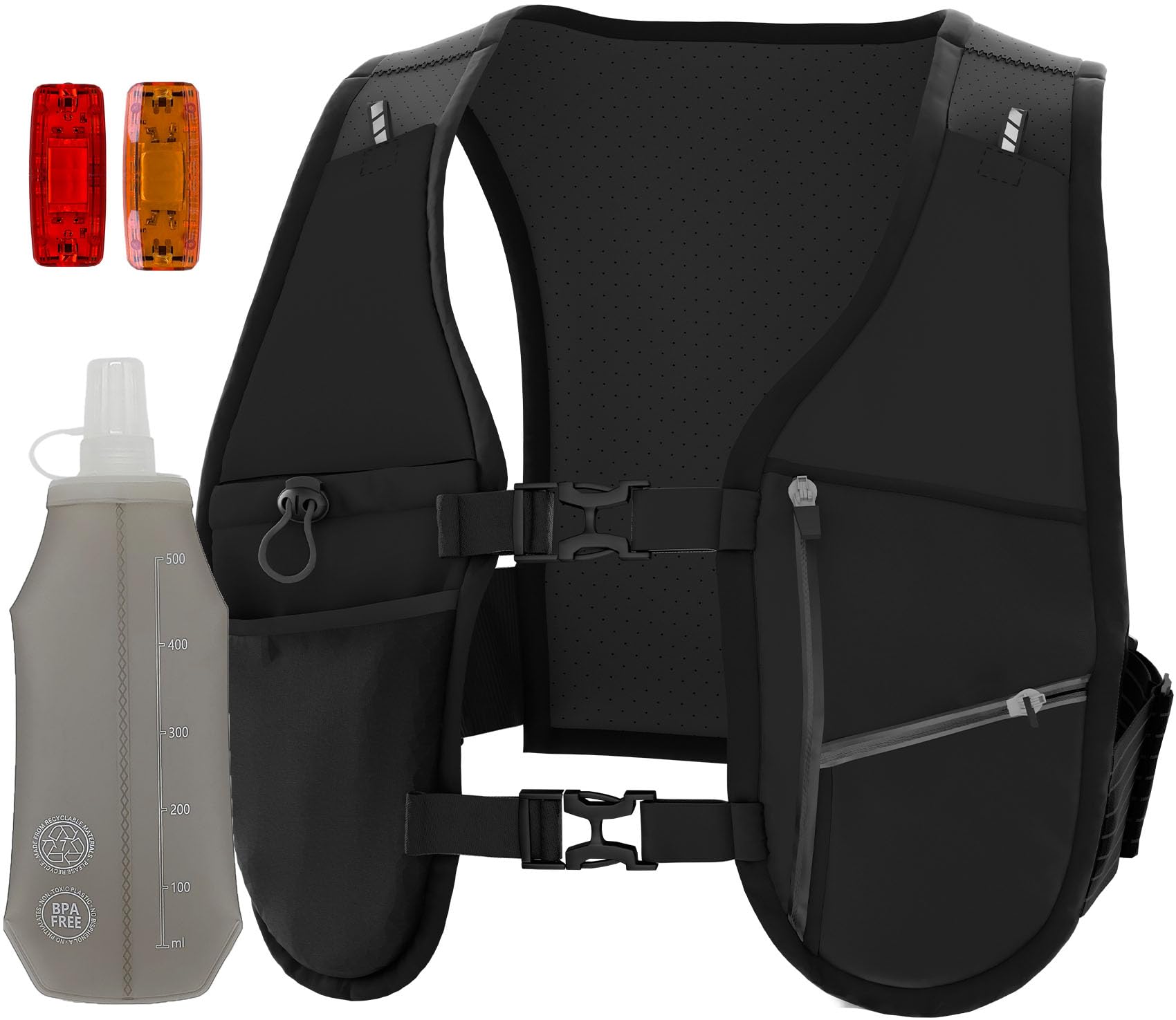 EGOO - LED Running Vest with Multi-Pockets for Men and Women, Lightweight Hydration Vest for Running & Outdoor Activities, Rechargeable LED Safety Light x2 + 500ml Soft Flask x1